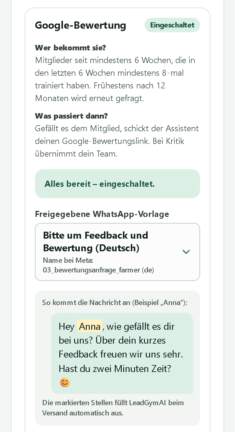 Einstellungen für Mitglieder-Nachrichten: Zu einem Anlass stehen der Zustand „Eingeschaltet“, die gewählte WhatsApp-Vorlage und die Nachricht als Sprechblase, so wie sie beim Mitglied ankommt.
